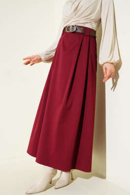 Kemerli Pileli Kloş Etek Bordo - ALİ AKKAYA