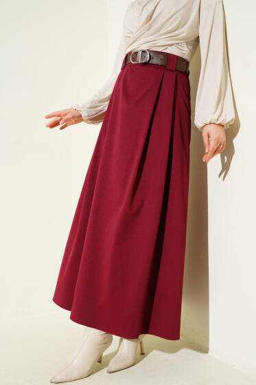 Kemerli Pileli Kloş Etek Bordo - Etek