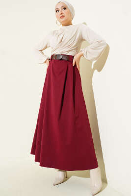 Kemerli Pileli Kloş Etek Bordo - Etek