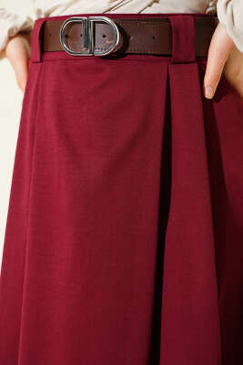 Kemerli Pileli Kloş Etek Bordo - Etek