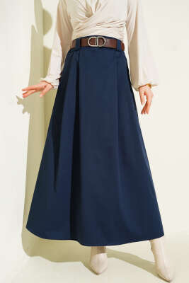 Kemerli Pileli Kloş Etek Lacivert - ALİ AKKAYA