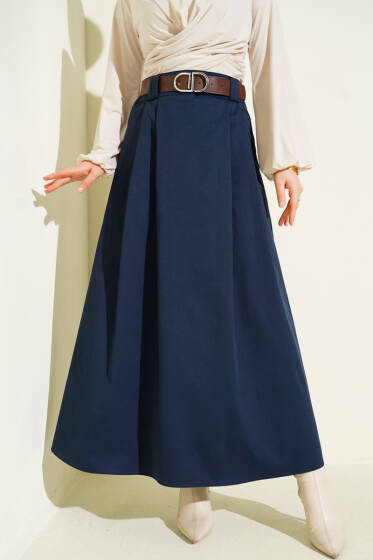 Kemerli Pileli Kloş Etek Lacivert - Etek