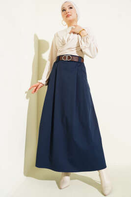 Kemerli Pileli Kloş Etek Lacivert - Etek
