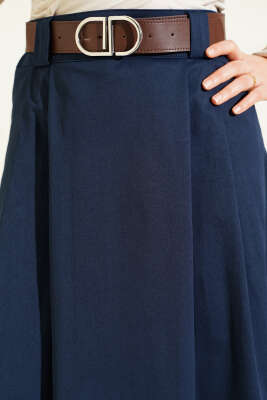 Kemerli Pileli Kloş Etek Lacivert - Etek