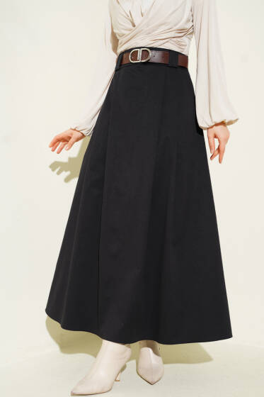 Kemerli Pileli Kloş Etek Siyah - Etek