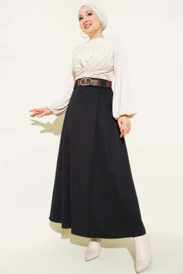 Kemerli Pileli Kloş Etek Siyah - Etek