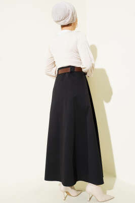 Kemerli Pileli Kloş Etek Siyah - Etek