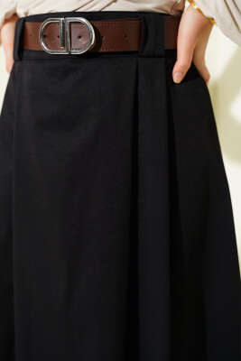 Kemerli Pileli Kloş Etek Siyah - Etek