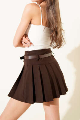 Kemerli Pileli Mini Etek Kahve - Kadın Giyim Modelleri