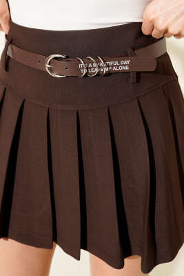 Kemerli Pileli Mini Etek Kahve - Kadın Giyim Modelleri