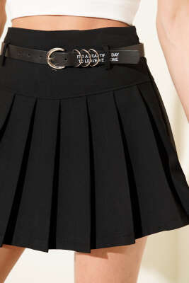 Kemerli Pileli Mini Etek Siyah - Kadın Giyim Modelleri