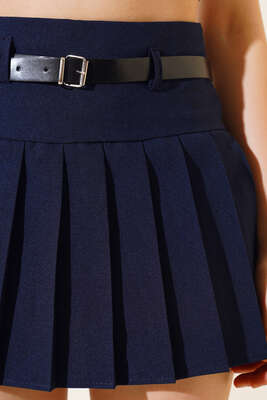 Kemerli Pileli Mini Şort Etek Lacivert - Kadın Giyim Modelleri