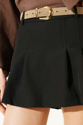 Kemerli Pileli Şort Etek Siyah - Kadın Giyim Modelleri