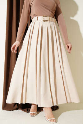 Kemerli Pilise Detaylı Etek Bej - MISRA