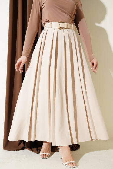 Kemerli Pilise Detaylı Etek Bej - Etek