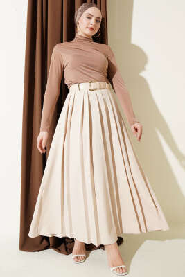 Kemerli Pilise Detaylı Etek Bej - Etek