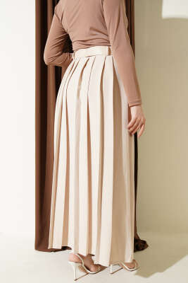 Kemerli Pilise Detaylı Etek Bej - Etek