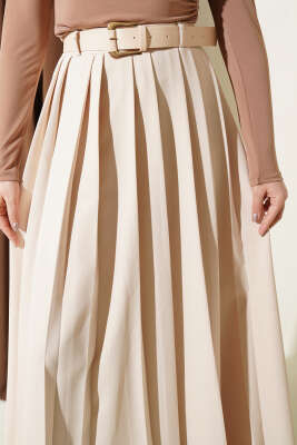 Kemerli Pilise Detaylı Etek Bej - Etek