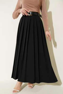 Kemerli Pilise Detaylı Etek Siyah - MISRA