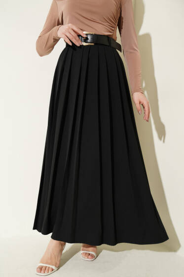 Kemerli Pilise Detaylı Etek Siyah - Etek