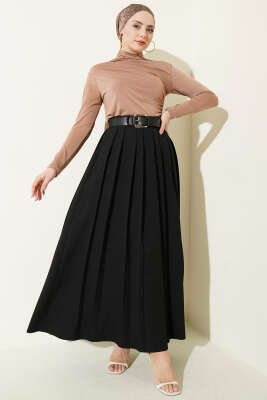 Kemerli Pilise Detaylı Etek Siyah - Etek