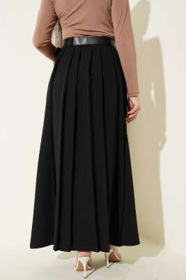 Kemerli Pilise Detaylı Etek Siyah - Etek