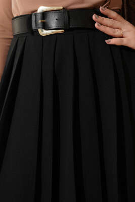 Kemerli Pilise Detaylı Etek Siyah - Etek