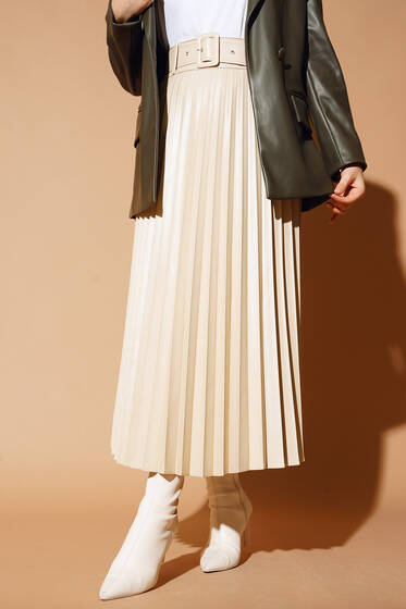 Kemerli Piliseli Deri Etek Bej - Uzun Etek