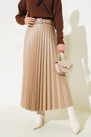 Kemerli Piliseli Deri Etek Vizon - Etek