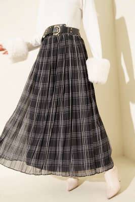 Kemerli Piliseli Ekoseli Şifon Etek Antrasit - ALİ AKKAYA