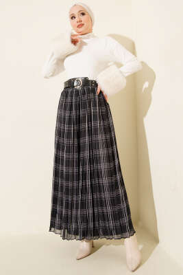 Kemerli Piliseli Ekoseli Şifon Etek Antrasit - Etek