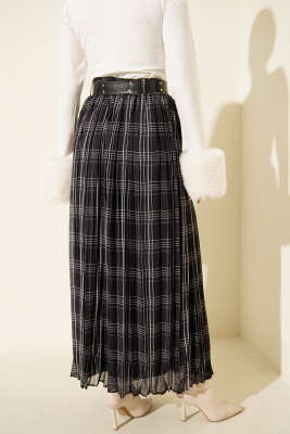 Kemerli Piliseli Ekoseli Şifon Etek Antrasit - Etek