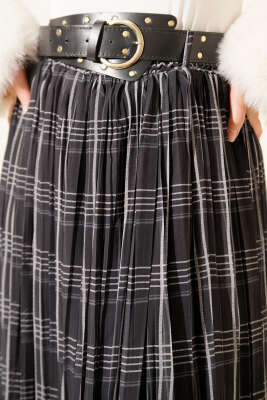 Kemerli Piliseli Ekoseli Şifon Etek Antrasit - Etek