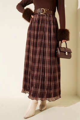 Kemerli Piliseli Ekoseli Şifon Etek Kahve - ALİ AKKAYA