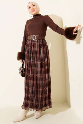 Kemerli Piliseli Ekoseli Şifon Etek Kahve - Etek