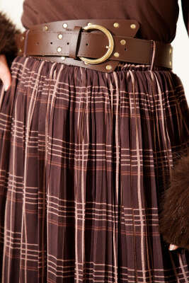 Kemerli Piliseli Ekoseli Şifon Etek Kahve - Etek