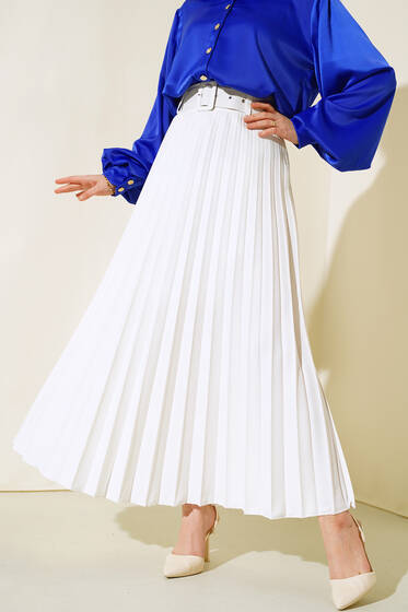 Kemerli Piliseli Etek Ekru - Etek