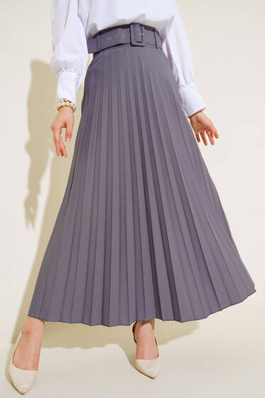 Kemerli Piliseli Gri Etek - Uzun Etek