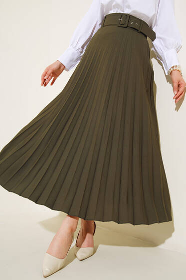 Kemerli Piliseli Haki Etek - Uzun Etek