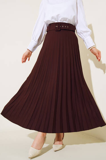 Kemerli Piliseli Kahve Etek - Uzun Etek