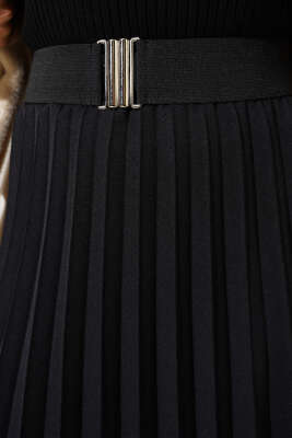 Kemerli Piliseli Kloş Etek Siyah - Uzun Etek