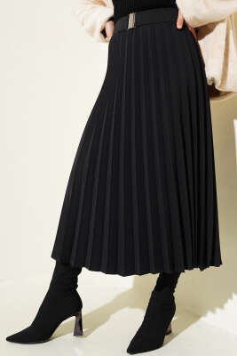 Kemerli Piliseli Kloş Etek Siyah - Uzun Etek