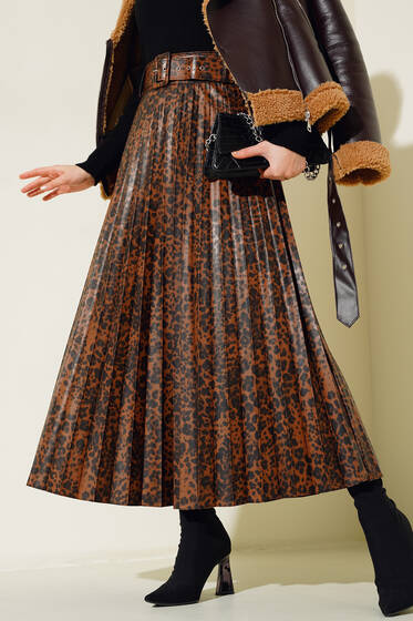 Kemerli Piliseli Leapar Deri Etek Leopar - Uzun Etek