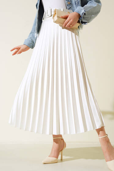 Kemerli Piliseli Saten Etek Ekru - Uzun Etek