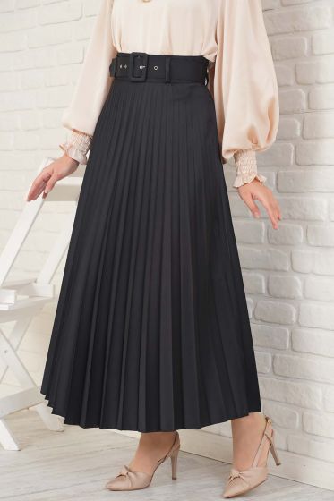 Kemerli Piliseli Saten Etek Siyah - Uzun Etek