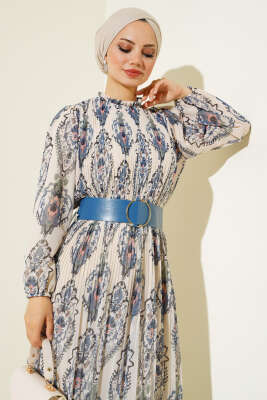 Kemerli Piliseli Şifon Elbise Bej İndigo - Tesettür Elbise