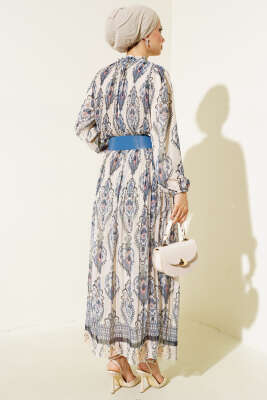 Kemerli Piliseli Şifon Elbise Bej İndigo - Tesettür Elbise