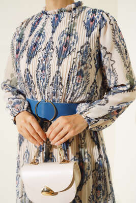 Kemerli Piliseli Şifon Elbise Bej İndigo - Tesettür Elbise