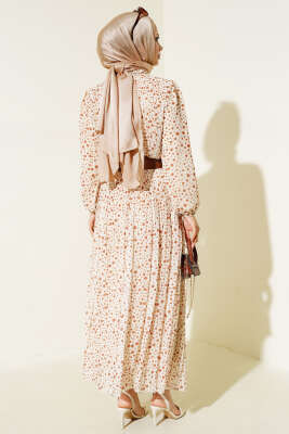 Kemerli Piliseli Şifon Elbise Bej Kahve - Tesettür Elbise