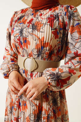 Kemerli Piliseli Şifon Elbise Bej - Tesettür Elbise